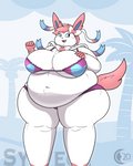 2020 anthro anthrofied beach big_breasts bikini blue_body blue_eyes blue_fur breasts chocend clothed clothing eeveelution female fur generation_6_pokemon hand_on_breast hi_res huge_breasts morbidly_obese morbidly_obese_anthro morbidly_obese_female multicolored_body multicolored_fur nintendo obese obese_anthro obese_female overweight overweight_anthro overweight_female pink_body pink_fur pokemon pokemon_(species) pokemorph portrait ribbons seaside smile solo standing swimwear sylveon thick_thighs three-quarter_portrait white_body white_fur
