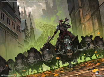 ambiguous_gender armor brown_body brown_fur building city feral fur group headgear helmet holding_melee_weapon holding_object holding_polearm holding_spear holding_weapon hooves low-angle_view male melee_weapon pauldron polearm ravnica riding running spear tower tusks weapon tomasz_jedruszek hasbro magic:_the_gathering wizards_of_the_coast human mammal suid suine sus_(pig) wild_boar official_art