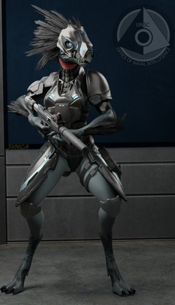 3_fingers 3_toes anthro arm_feathers arm_tuft armor avian_caruncle barefoot blue_eyes breasts clothed clothing digitigrade face_covered feather_hair feathered_crest feathers feet female fingers grey_body grey_feathers gun head_crest headgear helmet holding_gun holding_object holding_ranged_weapon holding_submachine_gun holding_weapon non-mammal_breasts pseudo_hair ranged_weapon skimpy skimpy_bottomwear solo standing submachine_gun toes tuft unconvincing_armor unsc weapon synca pickle_juice_(modeler) halo_(series) microsoft xbox_game_studios indyee alien avian kig-yar scalie t'vaoan 3d_(artwork) colored digital_media_(artwork) gynomorph_(lore) intersex_(lore)
