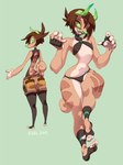 anthro bottomwear brown_body brown_hair butt butt_pose clothed clothing feet female fingerless_gloves gloves hair handwear horn leggings legwear pose shorts skimpy skimpy_bikini solo thick_thighs ground-lion clair_(seel_kaiser) chameleon chimereon jackson's_chameleon lizard reptile scalie