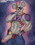 anthro big_penis clothed clothing ear_piercing eye_patch eyewear genitals glans humanoid_genitalia humanoid_penis male muscular muscular_male navel penis piercing pose red_eyes solo tongue lucreteer biker_mice_from_mars modo_(bmfm) mammal mouse murid murine rodent hi_res pinup