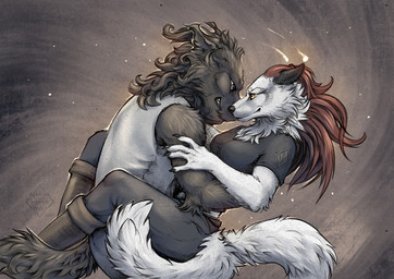 2_tails abstract_background anthro arm_tuft black_body black_fur blue_eyes breasts carrying_another carrying_partner chest_tuft claws clothed clothing duo elbow_tuft eye_contact female finger_claws fur hair leg_wrap looking_at_another male multi_tail red_hair romantic romantic_couple tail text tuft white_body white_fur yellow_eyes nargilflamewolf nargil canid canine canis domestic_dog mammal wolf 2024 artist_name