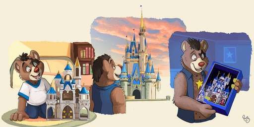 anthro blue_bottomwear blue_clothing blue_pants blue_topwear blue_vest bottomwear brown_body brown_fur brown_hair castle clothed clothing front_view fur glistening glistening_eyes hair happy kneeling male markings open_mouth open_smile orange_eyes pants shirt short_hair smile solo star_(marking) t-shirt tan_body tan_fur topwear vest white_clothing white_shirt white_t-shirt white_topwear young young_anthro young_male pandapaco bear mammal half-length_portrait hi_res multiple_images portrait