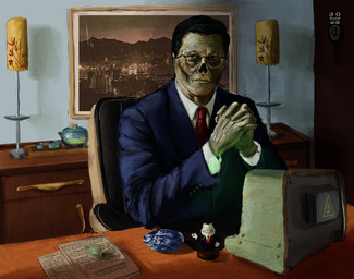 accessory analog_clock black_hair blue_clothing blue_suit clasped_hands clock clothing collared_shirt computer desk detailed_background document electronics eyewear furniture furniture_lamp glasses green_body green_skin hair hazard_symbol inside looking_at_viewer male mid-century_modern mid-century_modern_furniture missing_nose necktie necrosis not_furry paper paperweight photo photo_on_wall picture_frame red_necktie shirt sitting solo suit symbol table topwear wall_clock wearing_glasses wood wood_desk wood_furniture nuclearconsole fallout kit-cat_klock microsoft the_good_doctor_(nuclearconsole) ghoul_(fallout) humanoid english_description