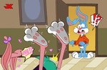 anthro blue_body blue_fur clothing female fur group hoodie long_ears male surprised_look topwear trio walk-in jk tiny_toon_adventures tiny_toons_looniversity warner_brothers babs_bunny buster_bunny plucky_duck anatid anseriform avian bird duck lagomorph leporid mammal rabbit 2024