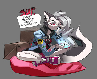 4_fingers anthro bean_bag bottomwear box breasts cellphone chair claws clothed clothing container ear_piercing ear_ring electronics female fingers footwear fur furniture hair half-closed_eyes holding_object holding_phone hoodie jacket jewelry looking_at_viewer narrowed_eyes open_mouth phone piercing pink_clothing pink_footwear pink_shoes red_sclera ring_piercing shirt shoes simple_background sitting smartphone solo speech_bubble tail teeth text text_on_clothing text_on_hoodie text_on_topwear topwear white_body white_fur miscuitsxd hellaverse helluva_boss mythology loona_(helluva_boss) canid canid_demon canine demon hellhound mammal mythological_canine mythological_creature digital_media_(artwork) english_text hi_res