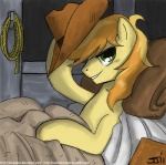 2011 bed bedding big_eyes blanket blonde_hair braeburn_(mlp) clothing cowboy_hat detailed_background earth_pony equid equine feral friendship_is_magic fur furniture green_eyes hair hasbro hat hat_only headgear headgear_only headwear headwear_only holding_clothing holding_hat holding_headgear holding_headwear holding_object horse inside john_joseco lasso looking_aside looking_at_viewer lying male mammal mostly_nude multicolored_hair my_little_pony on_back on_bed orange_hair pillow pony resting rope side_view smile solo toony two_tone_hair under_covers yellow_body yellow_fur