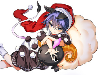 :3 black_clothing black_dress black_ears black_tail_tuft blue_eyes blue_hair clothed clothed_female clothed_humanoid clothing dress female footwear hair hat headgear headwear looking_at_viewer multicolored_clothing multicolored_dress nightcap plushie red_clothing red_hat red_headwear simple_background socks solo tail tail_tuft tuft two_tone_clothing two_tone_dress white_background white_clothing white_dress white_footwear white_socks white_tail manarou touhou doremy_sweet animal_humanoid humanoid mammal mammal_humanoid tapir tapir_humanoid hi_res