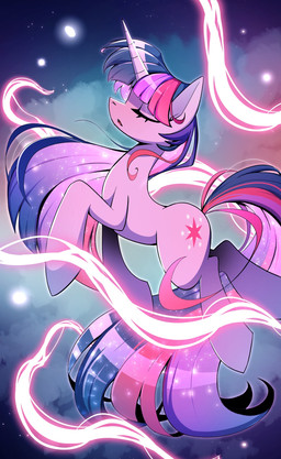 eyes_closed female feral floating horn magic open_mouth sky solo sparkles star starry_sky lornix_art friendship_is_magic hasbro my_little_pony mythology twilight_sparkle_(mlp) equid equine mammal mythological_creature mythological_equine unicorn hi_res