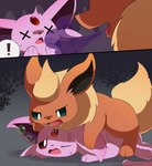 ambiguous_gender bodily_fluids breath drooling duo on_top poison questionable_consent saliva smile khaki_leaf nintendo pokemon eeveelution espeon flareon generation_1_pokemon generation_2_pokemon pokemon_(species) absurd_res hi_res