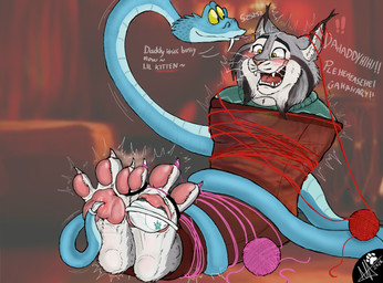 3_toes anthro ball_of_yarn black_body black_fur blue_body blue_scales blush claws clothing dialogue duo ear_lick fangs feet fur green_clothing green_sweater green_topwear grey_body grey_fur inner_ear_fluff laugh licking male multicolored_body multicolored_fur open_mouth open_smile pawpads pink_pawpads restrained scales sitting smile sweater tail talking_to_another teeth tickle_fetish tickle_torture tickling tickling_ears tickling_feet toe_claws toe_restraints toes toes_tied tongue tongue_out topwear tuft whiskers white_body white_fur white_sclera yarn yellow_eyes yellow_sclera leon_tickles disney zootopia gary_de'snake pawbert_lynxley canada_lynx felid feline lynx mammal pit_viper reptile scalie snake viper 2026