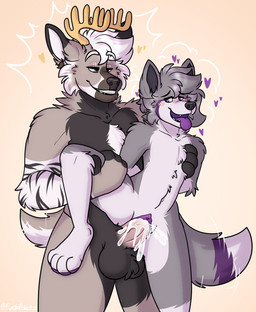 ambiguous_gender anthro antlers blush bodily_fluids cum cum_inside duo genital_fluids heart_symbol horn intersex intersex/male male penetration raised_leg size_difference vaginal vaginal_penetration fuegopokato kato_(fuegopokato) canid canine canis deer mammal wolf absurd_res hi_res
