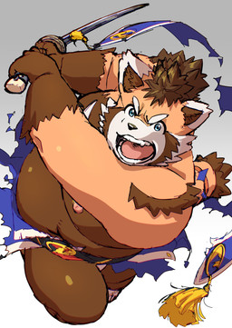 anthro belly clothing fighting_pose fur katana male melee_weapon moobs nipples overweight pose red_body red_fur samurai solo sword torn_clothing warrior weapon kemoniku tamacolle suruga_(tamacolle) ailurid mammal red_panda absurd_res hi_res