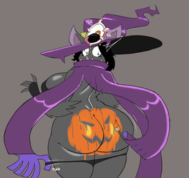 anthro assisted_exposure big_butt butt clothing female hat headgear headwear huge_butt magic_user painting_(object) pumpkin_butt rear_view sentient_clothing small_waist solo wide_hips witch witch_hat zr_furious morgana_(shocksauce) bat mammal