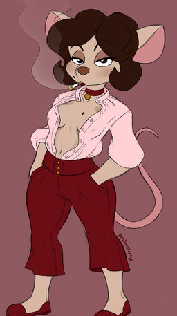 anthro biped bottomwear breasts cigarette clothed clothing eyelashes female footwear hair half-closed_eyes hand_in_pocket hands_in_both_pockets lips looking_at_viewer markings mole_(marking) narrowed_eyes navel open_clothing open_shirt open_topwear pants pockets shirt shoes smoking solo topwear brainsister pinky_and_the_brain warner_brothers mousey_galore house_mouse mammal mouse murid murine rodent 2019 hi_res