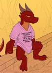 3_toes ambiguous_gender anthro biped bottomless clothed clothing detailed_background feet humor male orange_sclera oversized_clothing pink_clothing pink_shirt pink_topwear red_body red_scales scales shirt sitting solo t-shirt text text_on_clothing text_on_shirt text_on_topwear toes topwear zeptophidia bral kobold scalie 2021 digital_media_(artwork) english_text hi_res