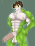 anthro balls big_balls big_penis brown_hair genitals hair humanoid_genitalia humanoid_penis male muscular muscular_male nipple_fetish nipple_grab nipple_play nipples penis solo nintendo pokemon marcelo_solava chesnaught generation_6_pokemon pokemon_(species) 3:4 hi_res