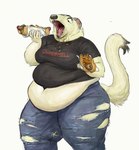 anthro belly big_belly bodily_fluids bottomwear clothing drooling eating female food fur holding_food holding_object hot_dog messy obese obese_anthro obese_female open_mouth overweight overweight_anthro overweight_female pants saliva simple_background solo standing torn_bottomwear torn_clothing torn_pants white_background white_body white_fur cettus maren_sommer mammal mustelid musteline stoat true_musteline weasel 2020 hi_res