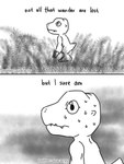 anthro bodily_fluids claws humor lost nervous solo sweat text azaracyy bandai_namco digimon agumon digimon_(species) dinosaur prehistoric_species reptile scalie 3:4 comic english_text monochrome