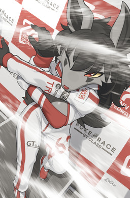 5_fingers anthro biped black_hair breasts claws clothed clothed_anthro clothed_female clothing female finger_claws fingers front_view fur grey_body grey_fur grey_tail hair looking_aside one_eye_closed red_eyes smile solo standing tail yellow_sclera zinfyu nintendo pokemon generation_3_pokemon mightyena pokemon_(species) 2026 absurd_res digital_drawing_(artwork) digital_media_(artwork) hi_res
