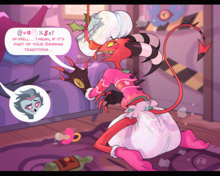4_eyes anthro barricade_tape blush blush_lines bodily_fluids bottle caution_tape christmas_clothing christmas_sweater christmas_topwear clean_diaper clothing container dialogue diaper diaper_puff duo feathers footwear furniture glass_bottle grey_body grey_feathers holidays holly_(plant) horn male multi_eye pink_clothing pink_footwear pink_pacifier pink_socks plant red_body red_sclera rug saliva socks sofa spade_tail speech_bubble striped_horn stripes sweat sweatdrop sweater tail teeth text tongue tongue_out topwear wetness_indicator yellow_sclera yellow_teeth bubblepuppers christmas hellaverse helluva_boss blitzo_(helluva_boss) stolas_(helluva_boss) avian bird demon humanoid imp owl owl_demon english_text hi_res