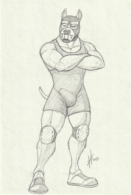 animal_mask anthro bulge clothed clothing crossed_arms detailed_bulge footwear front_view genital_outline knee_pads looking_aside male male_anthro mask muscular muscular_anthro muscular_male pecs penis_outline pup_mask shoes simple_background solo standing tail tight_clothing wearing_mask hufnaar canid canine canis domestic_dog mammal 2019 absurd_res dated full-length_portrait hi_res monochrome portrait sketch