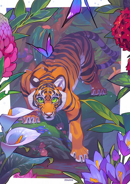 4_toes ambiguous_gender claws countershade_torso countershading feet feral front_view fur green_eyes looking_at_viewer markings orange_body orange_fur orange_tail solo standing striped_body striped_fur striped_markings striped_tail stripes tail tail_markings toe_claws toes whiskers kyander felid mammal pantherine tiger 2025 digital_drawing_(artwork) digital_media_(artwork)