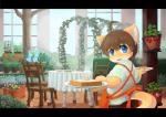 anthro apron blue_eyes blush brown_hair chair clothing flower food fruit fur furniture hair male orange_body orange_fur plant smile solo strawberry table young young_anthro yojoo canid canine fox mammal