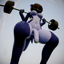 anthro areola blue_breasts bodily_fluids breasts exercise flaccid foreskin genital_fluids genitals glistening glistening_legs glistening_thighs green_areola green_nipples gynomorph humanoid_genitalia humanoid_penis intersex looking_at_viewer low-angle_view nipples penis precum solo weightlifting workout worm's-eye_view revdafox sapphire_(lafix63) aquatic fish requiem_shark shark tiger_shark 1:1 3d_(artwork) absurd_res digital_media_(artwork) hi_res