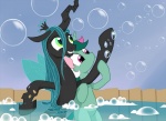 bath blue_hair bubble bubble_bath duo fangs female feral green_eyes hair insect_wings partially_submerged pre-g4 purple_eyes teeth water wings gsphere friendship_is_magic hasbro mlp_g1 my_little_pony my_little_pony_'n_friends fizzy_(mlp) queen_chrysalis_(mlp) arthropod changeling equid equine horse mammal pony crossover