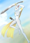 anthro athletic female flowing_clothing genitals melee_weapon nude pussy solo sword sword_dancer weapon ance.art beast_warriors inari_talrin canid canine canis mammal wolf hi_res