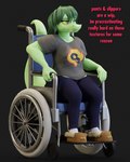 anthro clothed clothing disability female footwear freckled_face freckles green_body green_hair hair print_clothing print_shirt print_t-shirt print_topwear pupils shirt shoes slippers slit_pupils solo t-shirt text topwear vehicle wheelchair yellow_sclera cosmicbyte cavemanon_studios i_wani_hug_that_gator olivia_halford baryonyx dinosaur prehistoric_species reptile scalie spinosaurid theropod 3d_(artwork) digital_media_(artwork) english_text unfinished