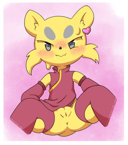 anthro anus asian_clothing black_nose blush bodily_fluids chinese_clothing clothing clothing_aside east_asian_clothing female footwear fur genitals heart_ear_ring looking_at_viewer mouth_closed pink_background pink_clothing pink_footwear pink_socks pokemorph pouting presenting presenting_vulva shy simple_background sitting socks solo spread_legs spreading sweat sweatdrop tail vulva yellow_body yellow_fur yellow_tail lucky_luxio nintendo pokemon generation_5_pokemon mienfoo pokemon_(species) digital_drawing_(artwork) digital_media_(artwork) shaded