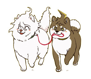 ahoge alternate_species black_nose blush brown_body brown_fur brown_nose circle_eyebrows collar collar_only curled_tail dipstick_tail duo eyebrows eyes_closed feral fur green_collar hair leash leash_in_mouth leash_pull leashed_collar leashed_male male male/male markings nude object_in_mouth pink_inner_ear red_leash short_hair tail tail_markings tongue tongue_out walking walking_together white_body white_fur white_inner_ear kusamochiaddict danganronpa danganronpa_2 spike_chunsoft hajime_hinata nagito_komaeda canid canine canis domestic_dog mammal spitz 2026 colored digital_drawing_(artwork) digital_media_(artwork) hi_res