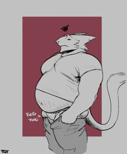 anthro belly_peek bottomwear bottomwear_down bulge clothed clothing detailed_bulge dressing ear_piercing ear_ring facial_piercing frustrated male musclegut muscular nose_piercing overweight overweight_male pants pants_down partially_clothed piercing ring_piercing septum_piercing small_bulge solo stretch_marks tail tight_clothing underwear weight_gain aviesergal avie sergal hi_res