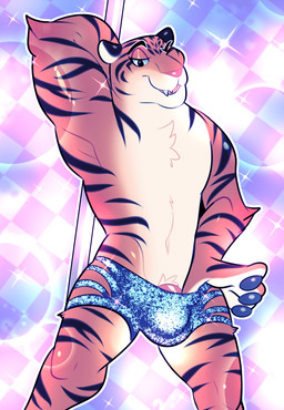 anthro bottomwear bulge clothed clothing countershading fur genitals male muscular muscular_anthro muscular_male one_eye_closed penis penis_base pole shorts smile solo stripes stripper_pole topless wink zootopia_shorts tentabat disney zootopia tiger_dancer_(zootopia) felid mammal pantherine tiger hi_res