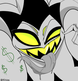 4_eyes bodily_fluids currency_symbol dollar_sign forked_tongue grey_background long_tongue looking_at_viewer male multi_eye saliva simple_background solo symbol teeth tongue yellow_eyes v0xplosion hellaverse helluva_boss mammon_(helluva_boss) animal_humanoid arachnid arachnid_humanoid arthropod arthropod_humanoid demon humanoid spider_humanoid 2023 absurd_res digital_drawing_(artwork) digital_media_(artwork) hi_res