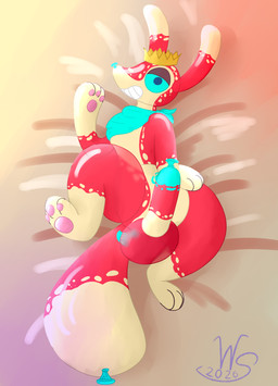 ambiguous_gender anthro balloon balloon_animal balls butt erection genitals inflatable looking_at_viewer male nude penis popper_pup simple_background smile solo tail winter_sunshine fan_character animate_inanimate canid canine living_balloon living_inflatable mammal absurd_res digital_media_(artwork) hi_res
