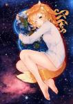 bare_legs barefoot blush bottomless clothed clothing earth feet female fox_tail green_eyes hair humanoid_feet long_hair looking_at_viewer one_eye_closed orange_hair personification planet plantigrade shirt soles solo space star topwear fangxiang_cuoluan firefox mozilla os-tan animal_humanoid canid canid_humanoid canine canine_humanoid fox fox_humanoid humanoid mammal mammal_humanoid hi_res