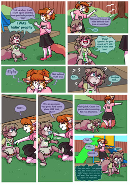 anthro bottomwear clothed clothing dialogue diaper diaper_under_clothing diaper_under_onesie duo female grass inner_ear_fluff onesie pacifier plant playground shirt shrub skirt speech_bubble tail text topwear tree tuft wearing_diaper young babystar gemma_polson domestic_cat felid feline felis mammal rodent sciurid tree_squirrel comic english_text hi_res
