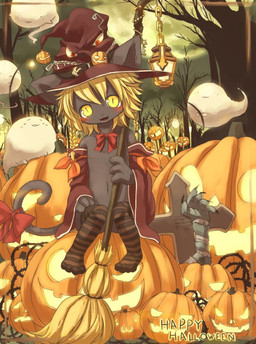 ambiguous_gender anthro blonde_hair blush broom cleaning_tool clothed clothing costume cross daww food fruit hair hat headgear headwear holidays jack-o'-lantern kemono lamp lantern legwear looking_at_viewer magic_user nipples plant pumpkin pupils ribbons short_hair skimpy slit_pupils solo stockings stripes tail thigh_highs witch witch_hat yellow_eyes young young_anthro kishibe halloween domestic_cat felid feline felis ghost mammal spirit undead orange_theme