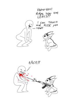 ak-47 ak_platform ambiguous_gender assault_rifle blank_expression blank_stare blood bodily_fluids clenched_teeth death duo eyes_closed feral gun ranged_weapon rifle shooting_gun smile smiling_at_another teeth text vacant_eyes weapon bloop284 nintendo pokemon eeveelution generation_1_pokemon humanoid pokemon_(species) vaporeon english_text hi_res meme