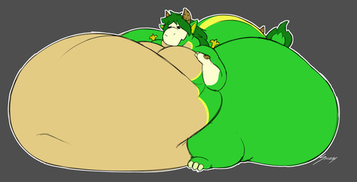 belly big_belly big_butt black_outline butt cookie food green_body green_butt grey_background horn huge_belly huge_butt hyper hyper_belly hyper_butt moobs morbidly_obese obese outline overweight simple_background white_outline yellow_belly snozzy nintendo pokemon sneeve_(snivycontrarian) generation_5_pokemon pokemon_(species) skulldragon snivy 2025 signature