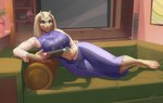 anthro big_breasts blue_eyes breasts clothed clothing detailed_background female furniture heterochromia horn lying on_side smile sofa solo ansart undertale undertale_(series) toriel boss_monster_(undertale) bovid caprine mammal absurd_res hi_res