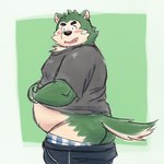 anthro belly big_belly black_nose blush bottomwear clothing green_body kemono male overweight overweight_male pants shirt simple_background solo topwear underwear yaki_atsuage lifewonders live_a_hero mokdai canid canine canis domestic_dog mammal 1:1 2022 hi_res