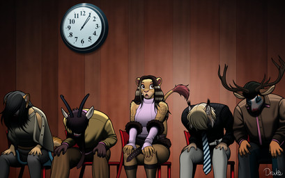 accessory anthro antlers armwear belt bent_over chair clock clothed clothing dancers ear_tuft elbow_gloves female fingerless_gloves fur furniture gloves group hair handwear head_down headset_microphone horn legwear male mask necktie on_chair open_mouth raised_tail sitting sitting_on_chair stockings tail tail_tuft tattoo teeth tongue tuft wall_clock wearing_mask wide_eyed conditional_dnp drako1997 eurovision_song_contest dara_(eurovision) felid lion mammal pantherine 2026 signature
