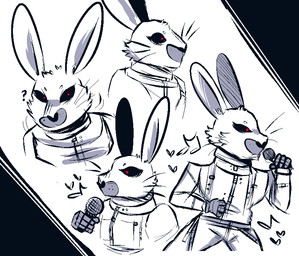 anthro biped black_sclera bottomwear cheek_tuft clothed clothing confusion electronics facial_tuft fully_clothed fur fur_tuft heart_nose heart_symbol holding_microphone holding_object inner_ear_fluff long_ears looking_at_viewer male microphone motion_lines multiple_poses musical_note musical_symbol pants performing pose question_mark red_eyes shadow shirt simple_background singing snout solo suit suspenders symbol topwear tuft undershirt whisker_spots whiskers white_background wide_eyed clawzetto masked_singer rabbit_(masked_singer) lagomorph leporid mammal rabbit 2019 aliasing black_and_white digital_drawing_(artwork) digital_media_(artwork) hatching_(art) monochrome shaded spot_color