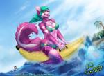 anthro breasts chest_tuft clothed clothing cloud female fur group hair happy heart_symbol outside pink_body pink_fur seaside skimpy sky solo_focus sparklefur swimwear tuft sowia canid canine fox mammal colorful_theme