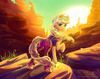 blonde_hair blush boots canyon clothing cutie_mark desert female feral flower footwear freckles fur grass green_eyes hair hat headgear headwear landscape looking_at_viewer outside plant rock shoes sky smile solo sunset text viwrastupr friendship_is_magic hasbro my_little_pony applejack_(mlp) earth_pony equid equine horse mammal pony 2015 digital_media_(artwork) hi_res url