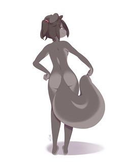anthro barefoot big_tail biped black_hair black_nose butt dark_body dark_fur feet female fur grey_body grey_fur grin hair half_ponytail hand_on_hip holding_tail huge_tail long_tail looking_at_viewer looking_back looking_back_at_viewer multicolored_body multicolored_fur nude pale_fur rear_view red_eyes short_hair simple_background smile smirk smug solo standing tail toes two_tone_body two_tone_fur white_background miu pepper_(miu) mammal rodent sciurid tree_squirrel 2015 signature trans_(lore) trans_woman_(lore)